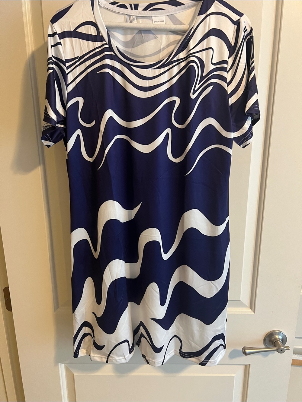 Navy and White Wave-Print Mini Dress